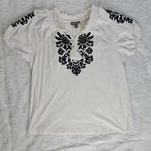 Women's Cream and Black Embroidered Top